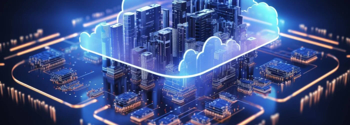 A digitally enhanced smart city with cloud computing connectivity highlighting futuristic infrastructure Cloud computing concept image double exposure